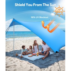 Raynesys Beach Tent Sun Shelter, 10 x 10 FT Beach Canopy Tent Sun Shade, UPF50+ Tents Canopy with 8 Sandbags & 4 Stability Poles, Outdoor Tents for Camping Fishing, Sky Blue