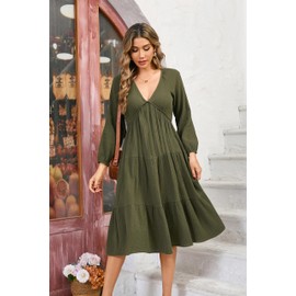 R.Vivimos Women's Fall Casual Gauze Cotton Dresses V Neck Long Sleeve Ruffle Tiered Flowy Midi Dress with Pockets (Medium, Army Green)