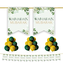 Ramadan Mubarak Decoration Set - 20pc Set Pack - with Buntings Flags Banners Balloons Partyware Decor Geometric (Green Leaves Floral 20pc Set)