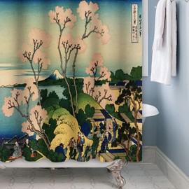 SDOTPMT 48x72inch Japanese Spring Landscape Shower Curtain Cherry Blossom Ukiyo-e Kanagawa Bath Curtain Fuji Mountain Orient Traditional Ethnic Anime Curtain for Bathroom Polyester with Hooks