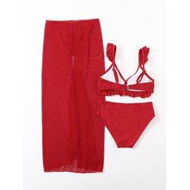 WDIRARA Girl's 3 Pieces Ruffle Trim Bikini Swimsuit with Split Beach Skirt Red 150