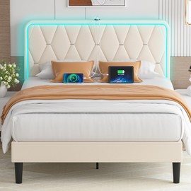 VECELO Upholstered Queen Bed Frame with Headboard Adjustable, Velvet Platform Bed with LED Lights, Charging Station, Mattress Foundation with Wooden Slats, Noise Free, No Box Spring Needed, Beige