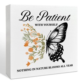 NKBINLILI Therapy Office Desk Wooden Box Sign Decor, Mental Health Wood Box Sign Decorations for School Psychologist Therapy Office, Gifts for Therapist Psychologist School Counselor, Be Patient with Yourself