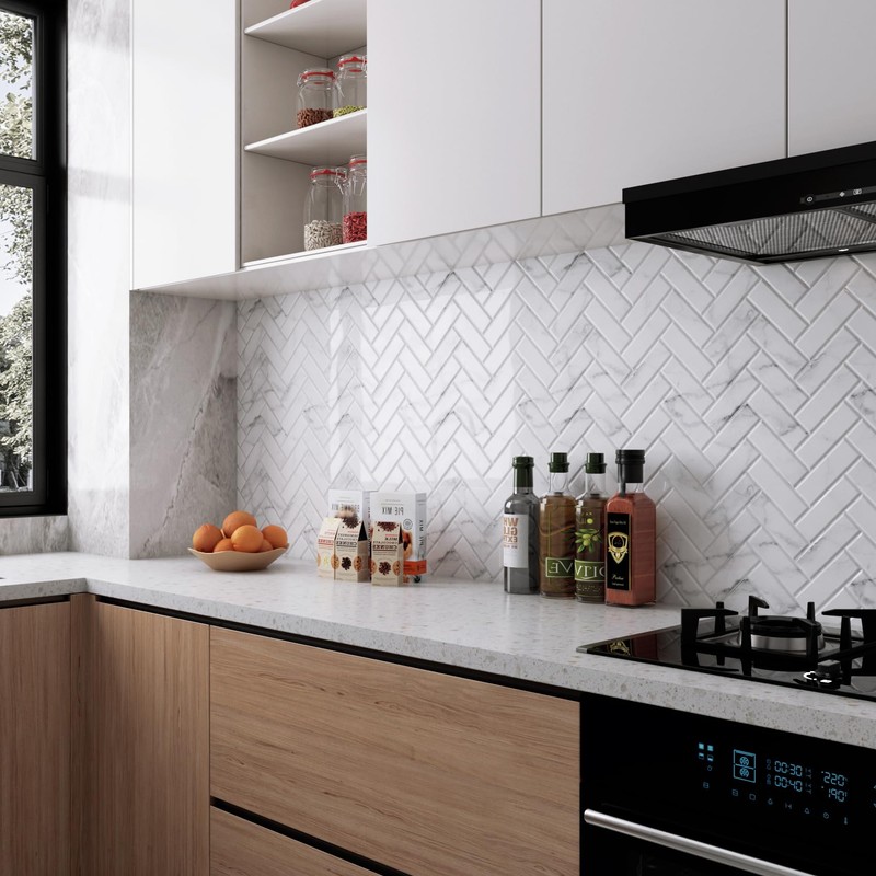 LaCheery 18 Tiles 12"x12" Marble Herringbone Peel and Stick Backsplash