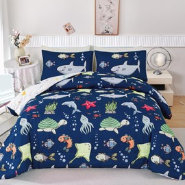 RYNGHIPY Kids Bedding Set for Full Bed Reversible Ocean Animals Print Comforter Set for Boys Girls Easy-Wash Super Soft Microfiber Bed Set (Navy Ocean,Full)