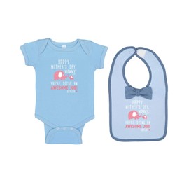 Happy Mothers Day Any Name Pink Elephant Lt Blue Bodysuit & Bow Tie Bib Set 24 Months