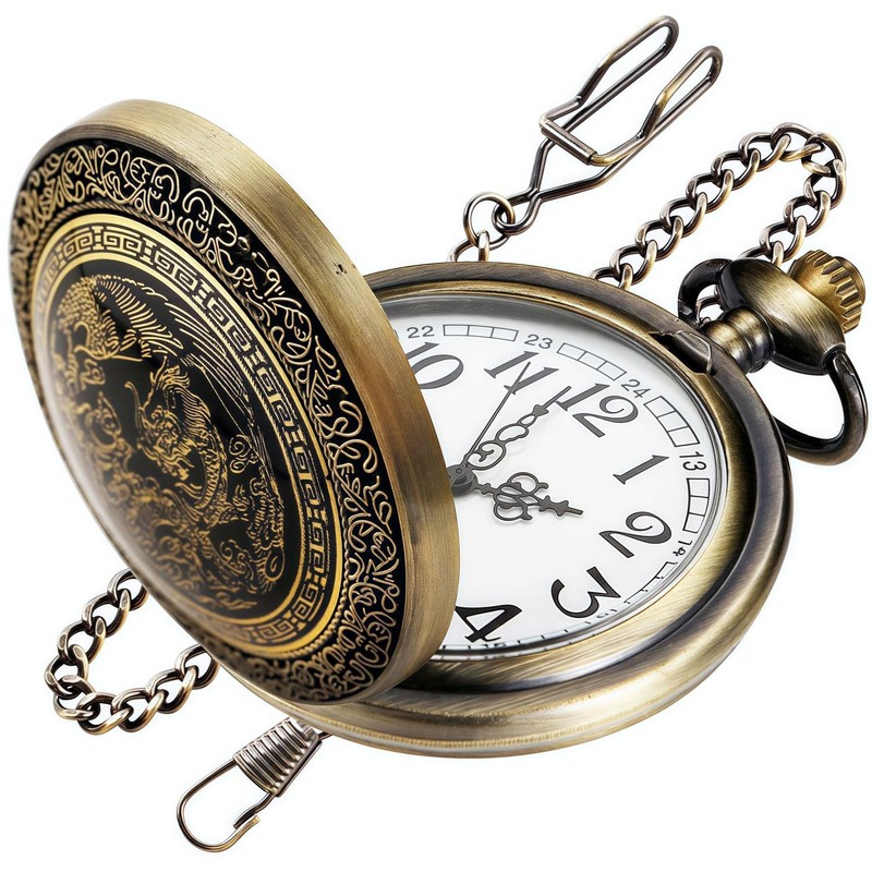 Afcrho Pocket Watch for Men Women Black Dragon and Phoenix
