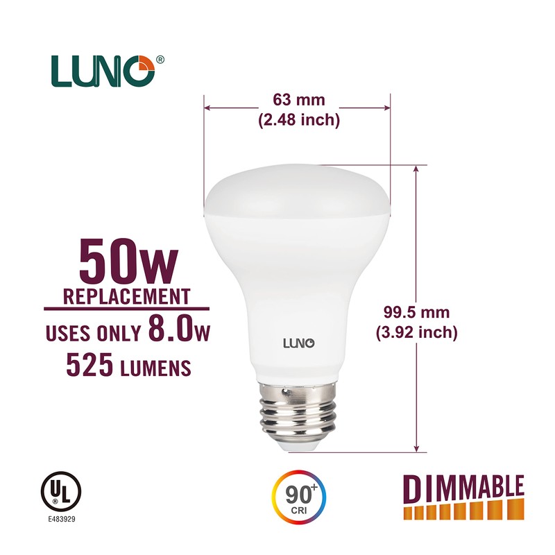 LUNO R20 Dimmable LED Bulb, CRI 90+, 8W (50W Equivalent),