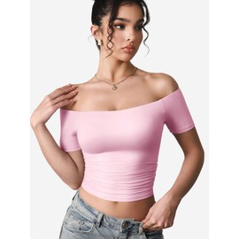 YEOREO Sophie Women's T-Shirts Off Shoulder Double Lined Fit Basic Going Out Cute Tee Short Sleeve Y2K Crop Tops Cherry Pink-XL