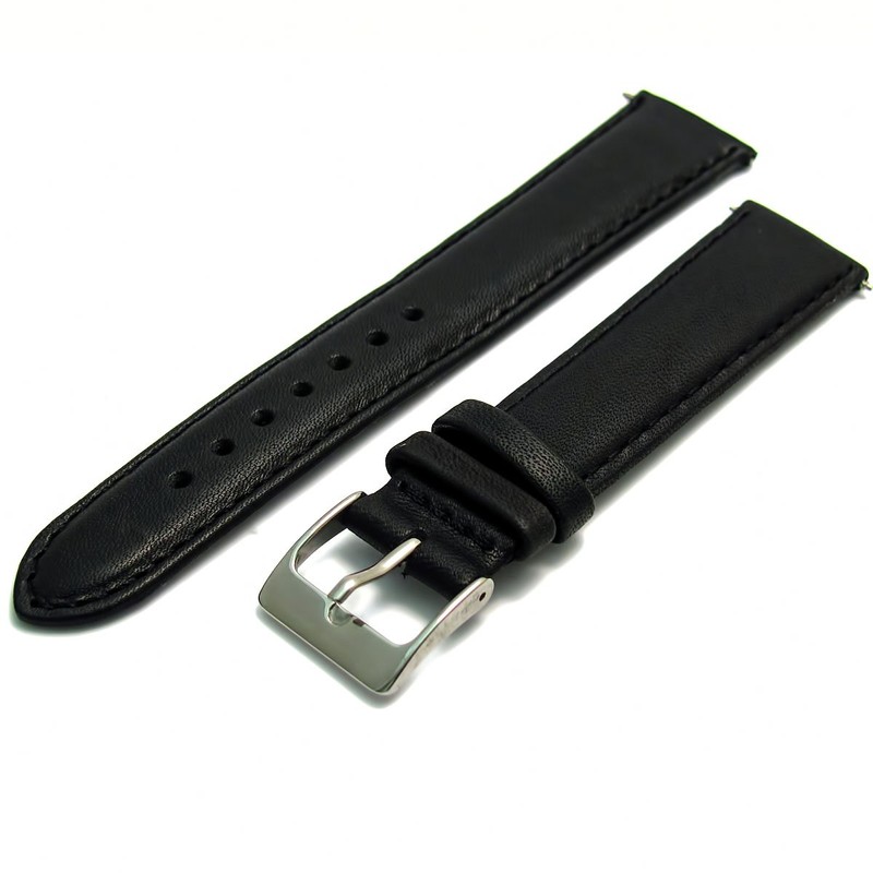Soft Genuine Leather Watch Strap Band 20mm, Black, Chrome (Silver