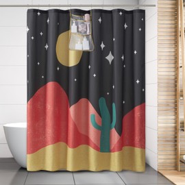 Stitch and Stone Fabric Shower Curtain Set, Polyester Liner with Hanging Bath Caddy Organizer to Hold Accessories, and 12 Hook Set 70" x 72" 14 Piece Set - Desert
