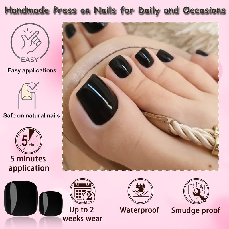 LoveOurHome 120pc Black Press on Toenails Women Fake Toe Nails