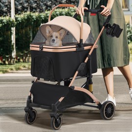 MAGIC UNION Pet Stroller 3 in 1 Multifunction, 4 Wheels Dog Cat Stroller with Cup Holder for Small Medium Dogs Cats, Foldable Pet Travel Carrier with Detachable Carrier and Storage Basket, Black