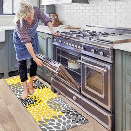 Likiyol Kitchen Mats for Floor Anti-Fatigue Comfort Kitchen Rugs, Boho Flower Cushioned Waterproof Kitchen Decor Mat Thick, 18''x60'', Yellow