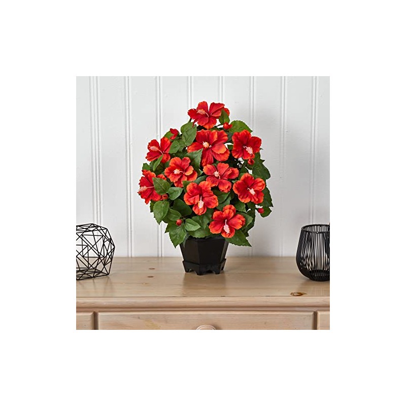 Nearly Natural Hibiscus with Black Hexagon Vase Silk Plant