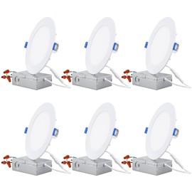 TORCHSTAR Essential Series 6 Inch Ultra-Thin LED Recessed Lighting with J-Box, 12W Dimmable Slim Panel Downlight 1100lm, ETL & Energy Star Listed, 5000K Daylight, Pack of 6