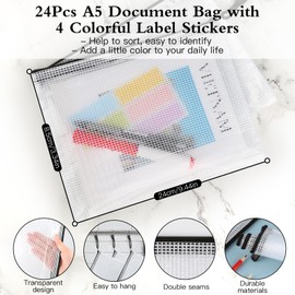 A5 Plastic Wallet, 24Pcs A5 Zip Wallets, Waterproof A5 Document Wallet, Clear Mesh Plastic Wallet Folders for Office Supplies, Documents, Paper, Travel, Cosmetics