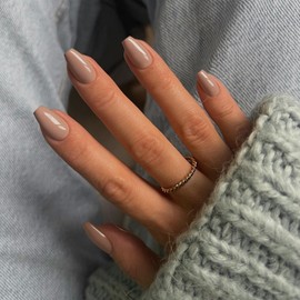 Khaki Press on Nails Medium Coffin Fake Nails Press ons, KXAMELIE Full Cover False Nails Tips Medium Length Glue on Nails Natural Thick Long Acrylic Nails 24Pcs Solid Color Coffin Nails for Women