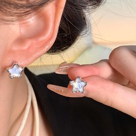Cimenexe Bohemian Opal Star Stud Earrings Silver Gemstone Star Earrings Blue Moonstone Star Stud Earrings Small Opal Star Earrings Jewellery for Women, Zinc, No Gemstone