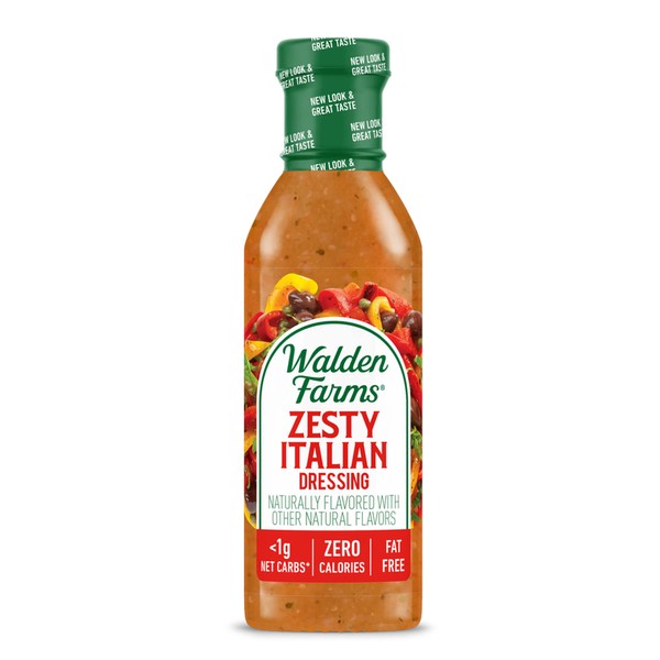 Walden Farms Zesty Italian Dressing, 12 oz Bottle, Fresh and Delicious Salad Topping, Sugar Free 0g Net Carbs Condiment, Sweet and Tangy