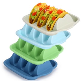Juome Upgraded Silicone Taco Holder 4 Packs - Reusable Taco Plates with Dividers, Taco Rack Holders Stand for Hard/Soft Taco Shell Holder, Taco Party Serving Tray Plates, Dishwasher & Microwave Safe