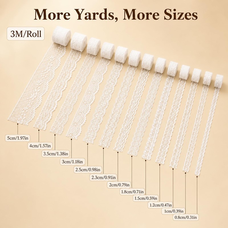 HJZHII 14 Rolls White Lace Ribbon, 0.5 to 2.5 inch
