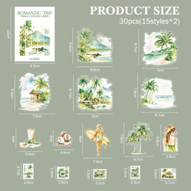 Pack of 30 Romantic Travel Stickers, PET Transparent Seaside Landscape Stickers for Scrapbooking, Junk Journaling
