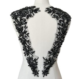 Jpumley.pksn Handmade Beaded Rhinestone Appliques Sew on Crystal Lace Patch 1 Pair for DIY Clothing Wedding Dress Multi-Color Costume Decoration 7.4X18inches (Black)