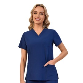 Naivlizer Scrub Top for Women V-Neck Scrub Shirt Medical Uniform with 5 Pockets Navy Blue