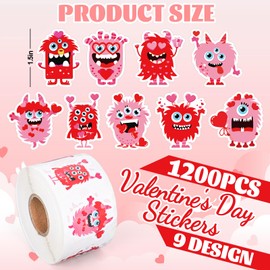 JarThenaAMCS 1200Pcs Valentine's Day Cute Monster Stickers Roll Red Pink Self-Adhesive Sticker Decals Arts and Crafts Decorative Envelope Seals for Holiday Envelopes Scrapbook Gifts DIY