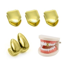 UAIAGM 4PCS Gold Grills for Teeth Single Tooth Cap Gold Caps for Women and Men Hip Hop Grillz Dental Mouth Piece Fake Open Face Grills Kit Stylish Golds for Girls Painted Hip Hop Accessories