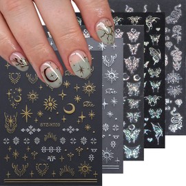 8 Sheets Butterfly Nail Art Stickers Horror Snake Nail Decals 3D Self-Adhesive Punk Aurora Silver Black Butterfly Nail Stickers Star Sun Moon Stickers for Nails Nail Accessories for Women DIY