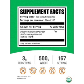 BulkSupplements.com Organic Spirulina Powder - Superfood, Green Spirulina Powder, Herbal Supplement - Vegan-Friendly, 3g per Serving, 500g (1.1 lbs) (Pack of 1)