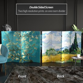 Red Lantern 4 Double Sided Works of Van Gogh Canvas Almond Blossoms/Wheat Field Folding Screen, 4 ft Short - 4 Panel, Multicolor