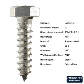 Fastener Pro 1/4 x 2-1/2-Inch Hex Head Lag Screw Kit, 18-8 (304) Stainless Steel, 10-Pack (10 Lag Screws + 10 Flat Washers)
