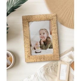 takfot Boho Picture Frame 5x7, Natural Paper Rope Rattan Photo Frame with Real Glass, Wall & Tabletop Display, Gifts for Family Friends