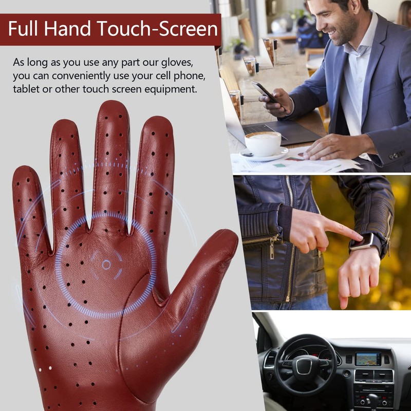 GSG Men Genuine Leather Gloves Burgundy Red Unlined Biking Touchscreen