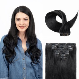 SoBeauty Clip in Hair Extensions Real Human Hair, Jet Black 100% Human Hair Extensions Clip in, Tangle-free Silky Straight Hair Extensions for Women, #1 16Inch 120G 7PCS