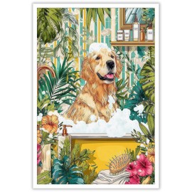 Funny Animal Canvas Poster Golden Retriever Is Enjoying A Bath For Bathroom Bedroom Wall Decor 12x16in Unframed