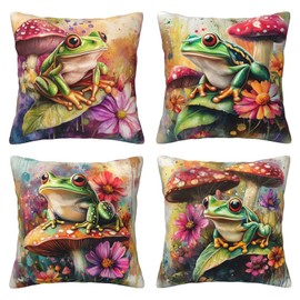 Bshuey Pillow Covers 18x18 Inch Set of 4 Frog Lover Throw Pillow Covers Mushroom Watercolor Cushion Case Decor for Sofa Couch