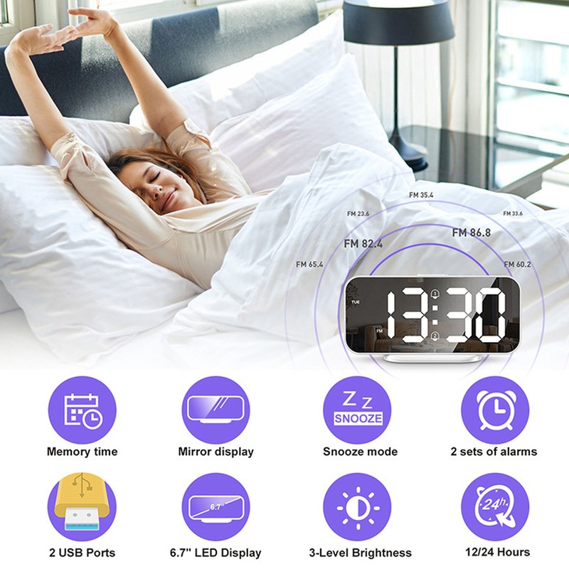 LED Mirror Electronic Clock Adjustable Brightness 6.7 Inch HD Digital