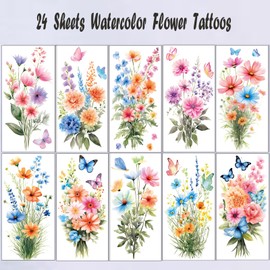 Tazimi Watercolor Flower Temporary Tattoos For Women Girls-12 Large Realistic Fake Tattoo Sleeve Festival Accessories 12 Small Flower Butterfly Tattoo for Adult
