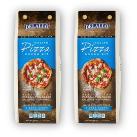 DeLallo, Italian Pizza Dough Kit, Pizza Crust Mix for Garlic Knots, Calzones, and Breadsticks, 00 Superfine Flour, Includes Instant Yeast Packet, Non-GMO, 17.6 oz Bag, (2 Pack)