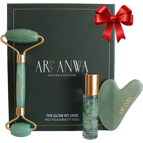 Premium jade roller and gua sha set with luxury magnetic box from ARI ANWA Skincare® - Includes: Rosewater roll-on. Real jade face roller + gua sha jade including E-book and premium gift box.