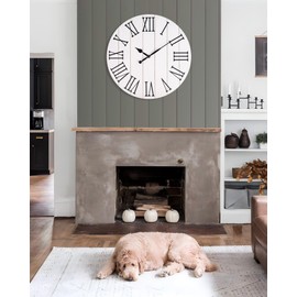 BEW 24 inch Farmhouse Wall Clock, Large White Wood Wall Clocks for Living Room Decor, Rustic Country Shabby Chic Shiplap Round Wooden Wall Clock Silent Battery Operated-Roman Numerals