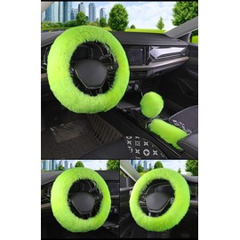 Younglingn Auto Steering Wheel Short Wool Cover Gear Shift Handbrake Fuzzy Cover 1 Set 3 Pcs Multi-Colored with Winter Warm Fashion for Girl Women Ladies Universal Fit Most Car (Grass Green)