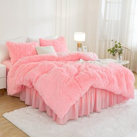 Andency Faux Fur Pink Comforter Set Queen Size, 3 Pieces Fluffy Fuzzy Plush Bedding Comforter Set (1 Shaggy Velvet Comforter & 2 Pillowcases), Soft Puffy Comfy Down Alternative Comforter Bedding Set