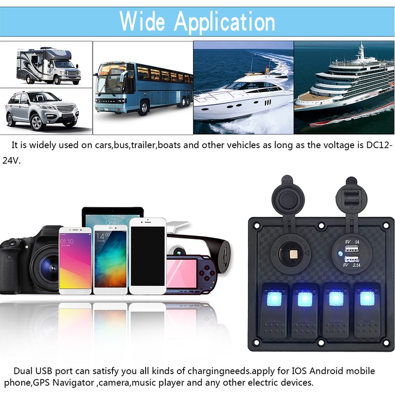 12V 24V 4 Gang Rocker Switch Panel IP65 Waterproof with