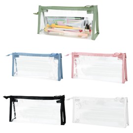 5 Pack Clear Pencil Case, FHDUSRYO Pen Pouch with Metal Zipper, Transparent Pencil Bags Marker Organizer, Exam Pen Storage Case Travel Cosmetic Makeup Pouch, Stationery Toiletries Bag (5 Colors)