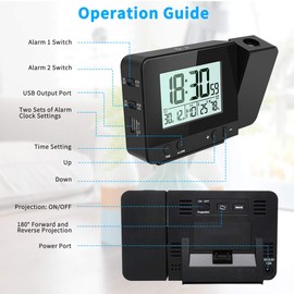 E-More Projection Alarm Clock Digital Alarm Clock Travel Alarm Clock 4 Adjustable Projection Brightness Table Clock with Dual Alarm Snooze Date Time and Temperature Display, 180° Flip Display and